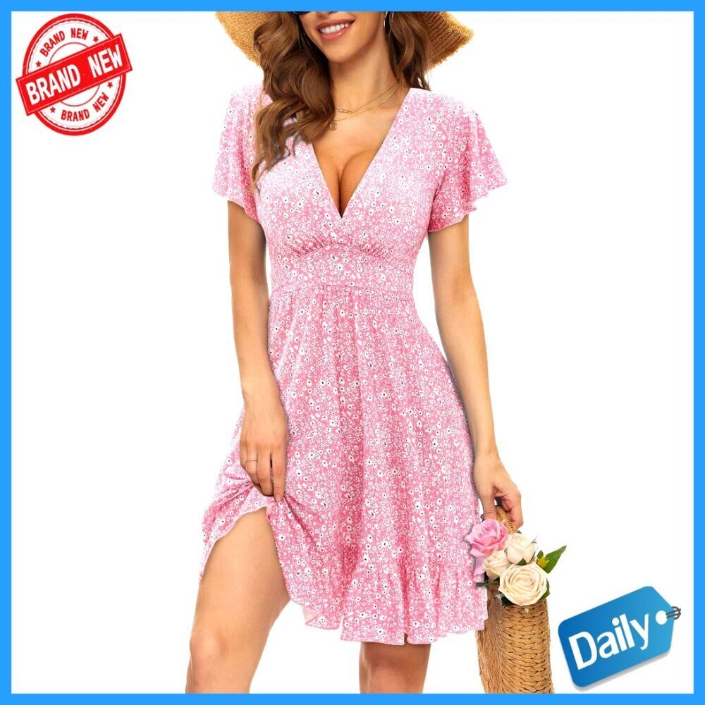 Floral Wrap V-Neck A-Line Sun Dress with Ruffle Sleeves and Hem